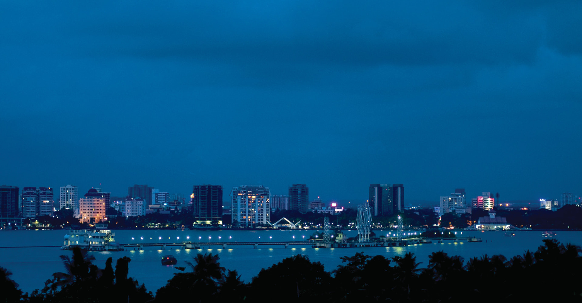 Kochi harbour skyline at dusk