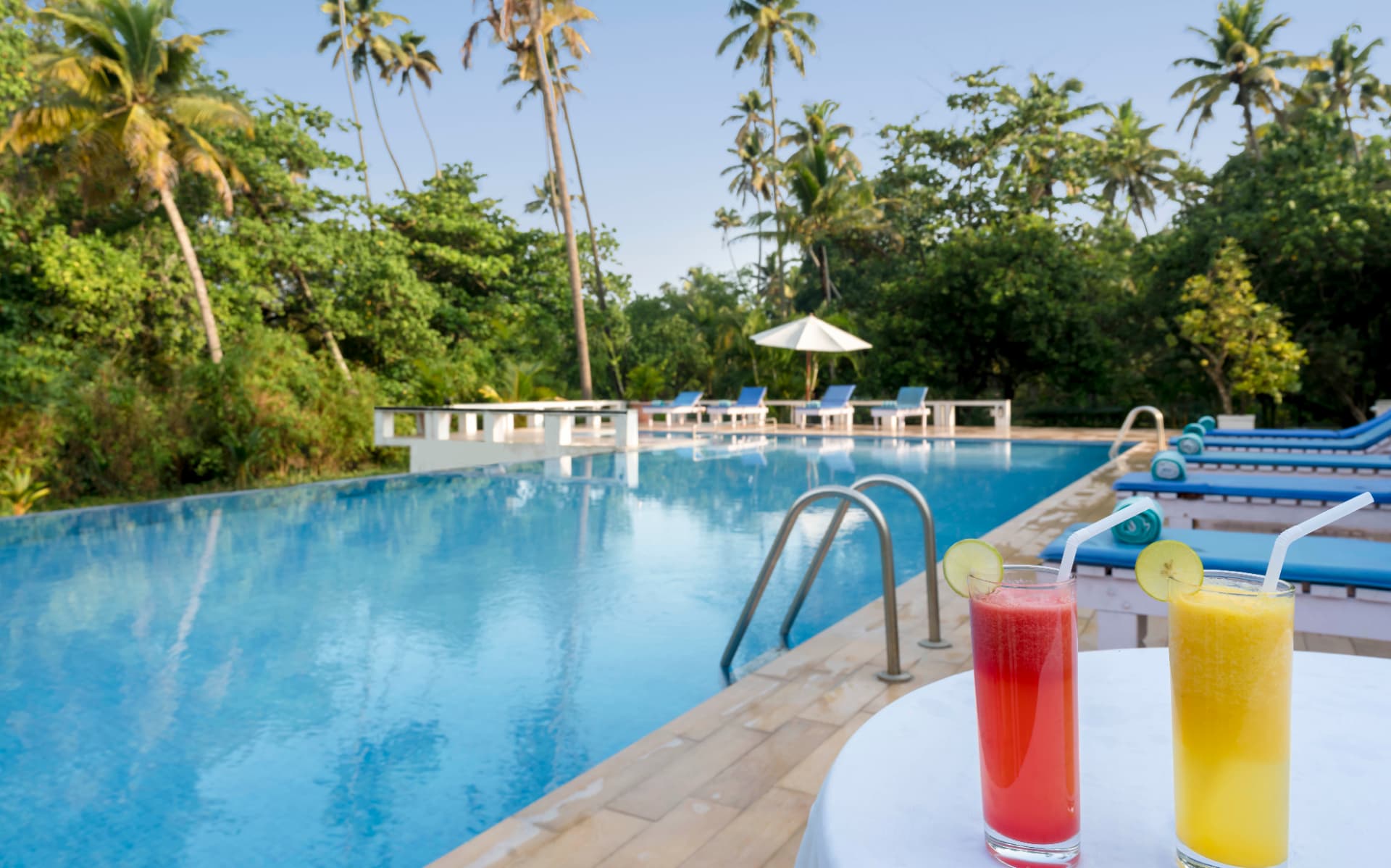 Swimming pool with loungers, fresh juices and coconut palms