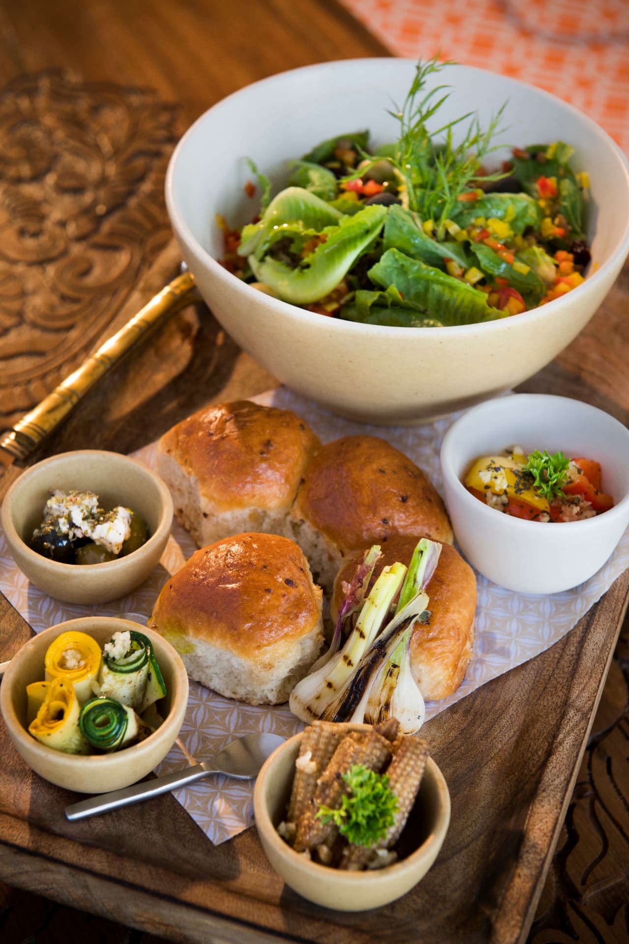 Leaves from the edible garden with house-baked pav — Aramness Gir, Gujarat