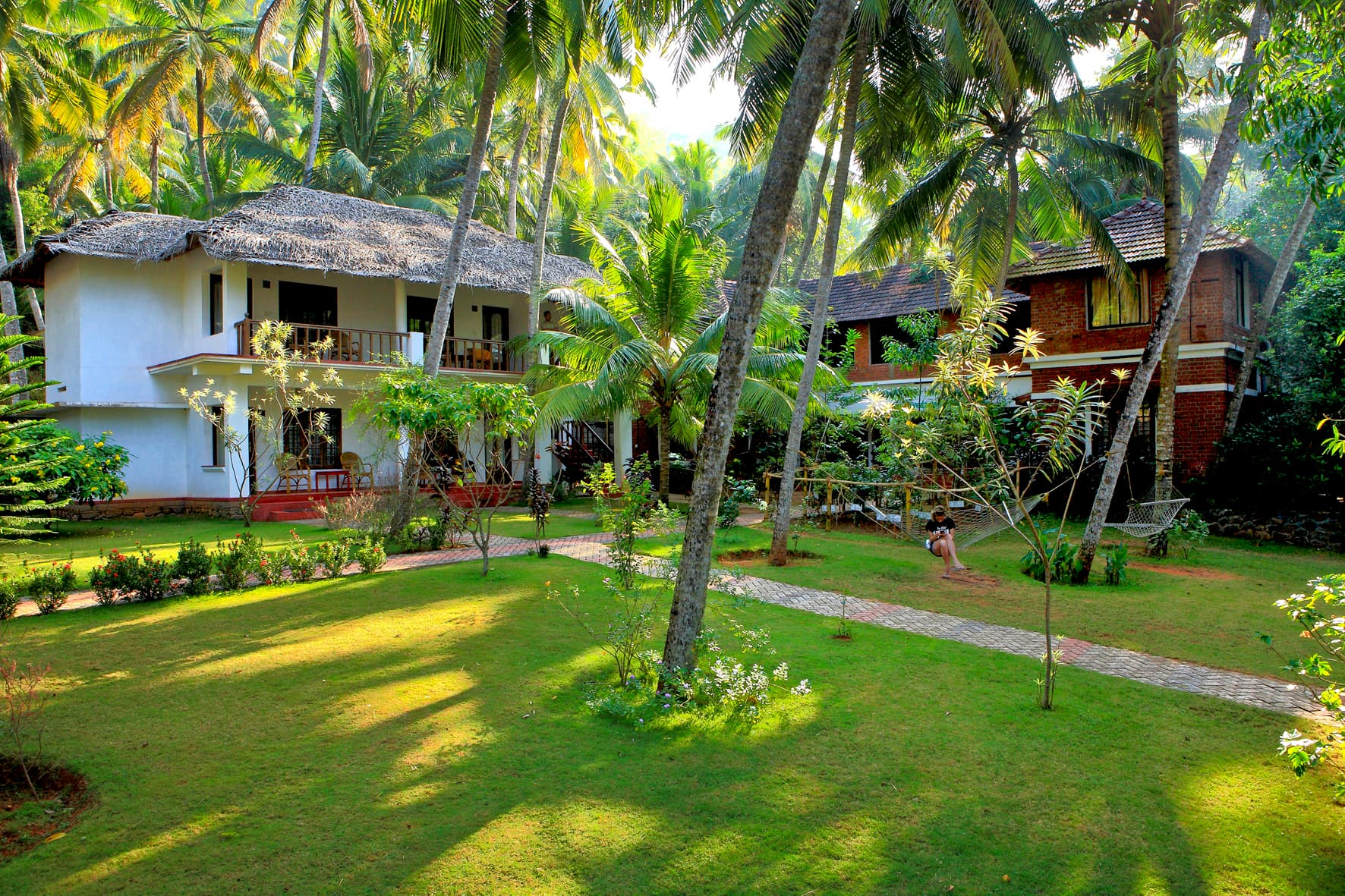 Ayurveda centre buildings surrounded by lawns and coconut palms