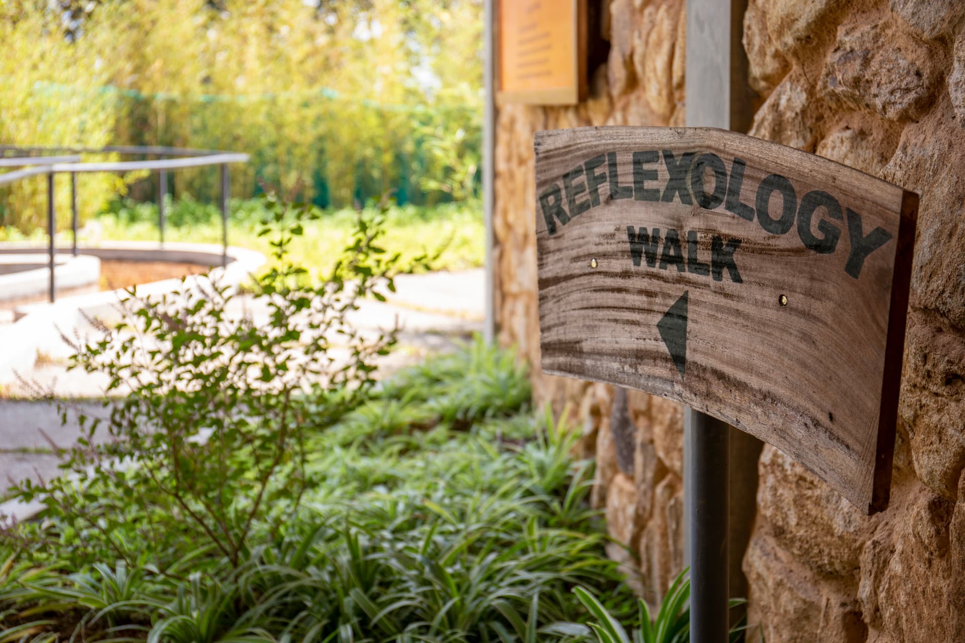 Hand-painted wooden sign reading Reflexology Walk beside a stone wall and garden planting