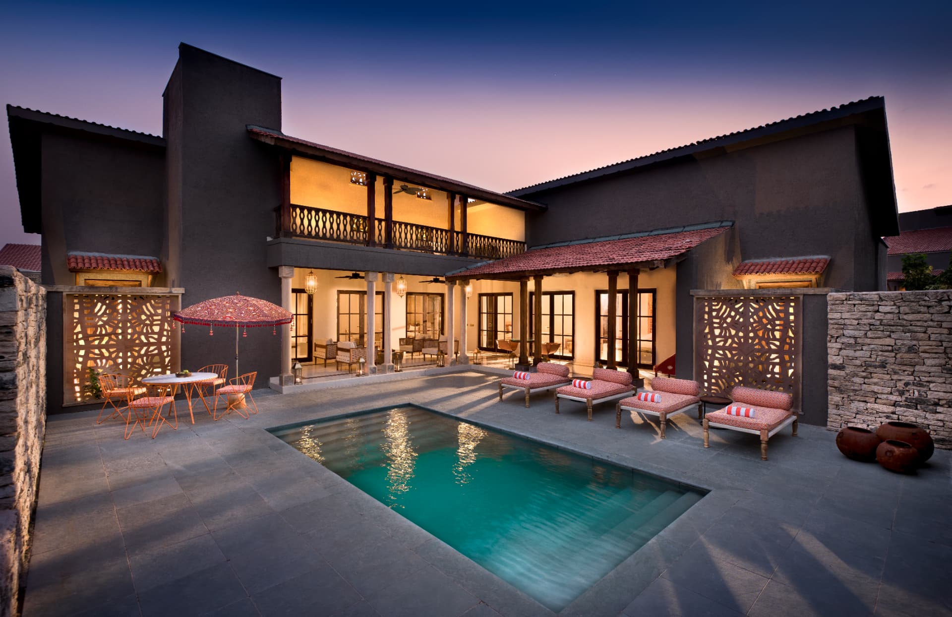 Family Kothi courtyard after dark — Aramness Gir, Gujarat