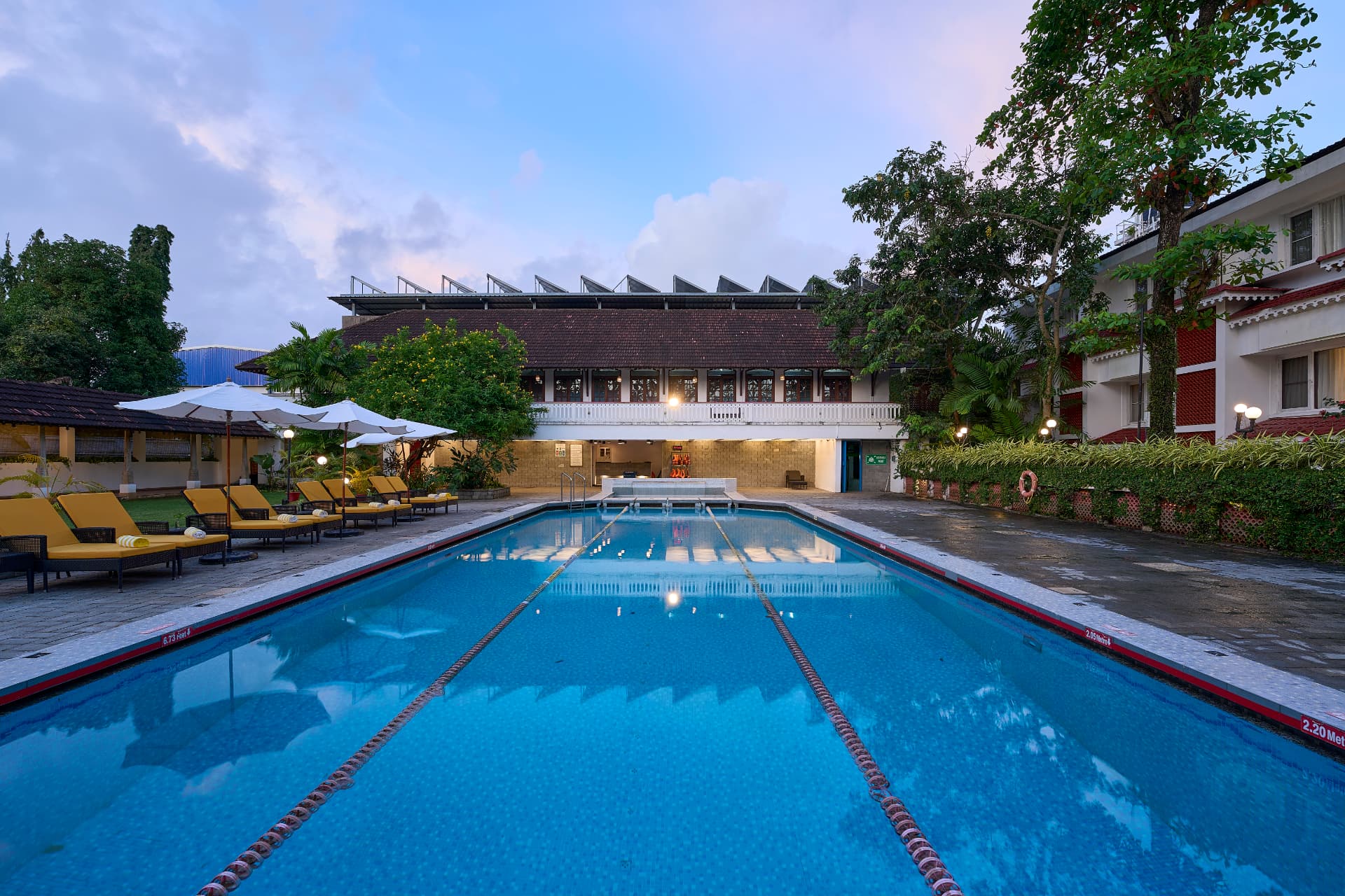 Swimming pool and Kerala-tiled pavilion at Casino Hotel, Willingdon Island, Kochi
