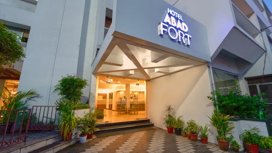 Illuminated entrance and facade of Abad Fort, Chullickal, Kochi