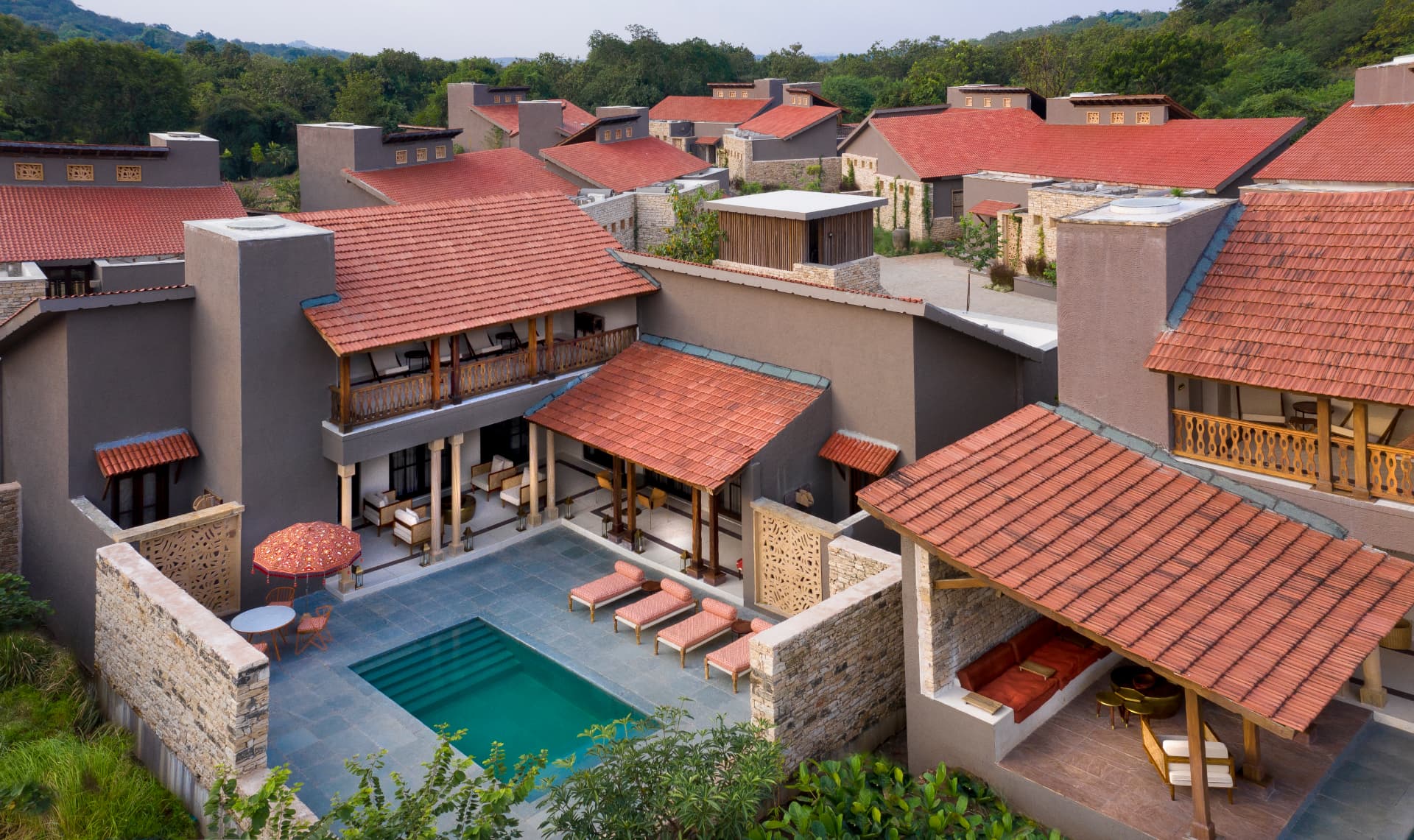 Tiled kothi rooftops from above