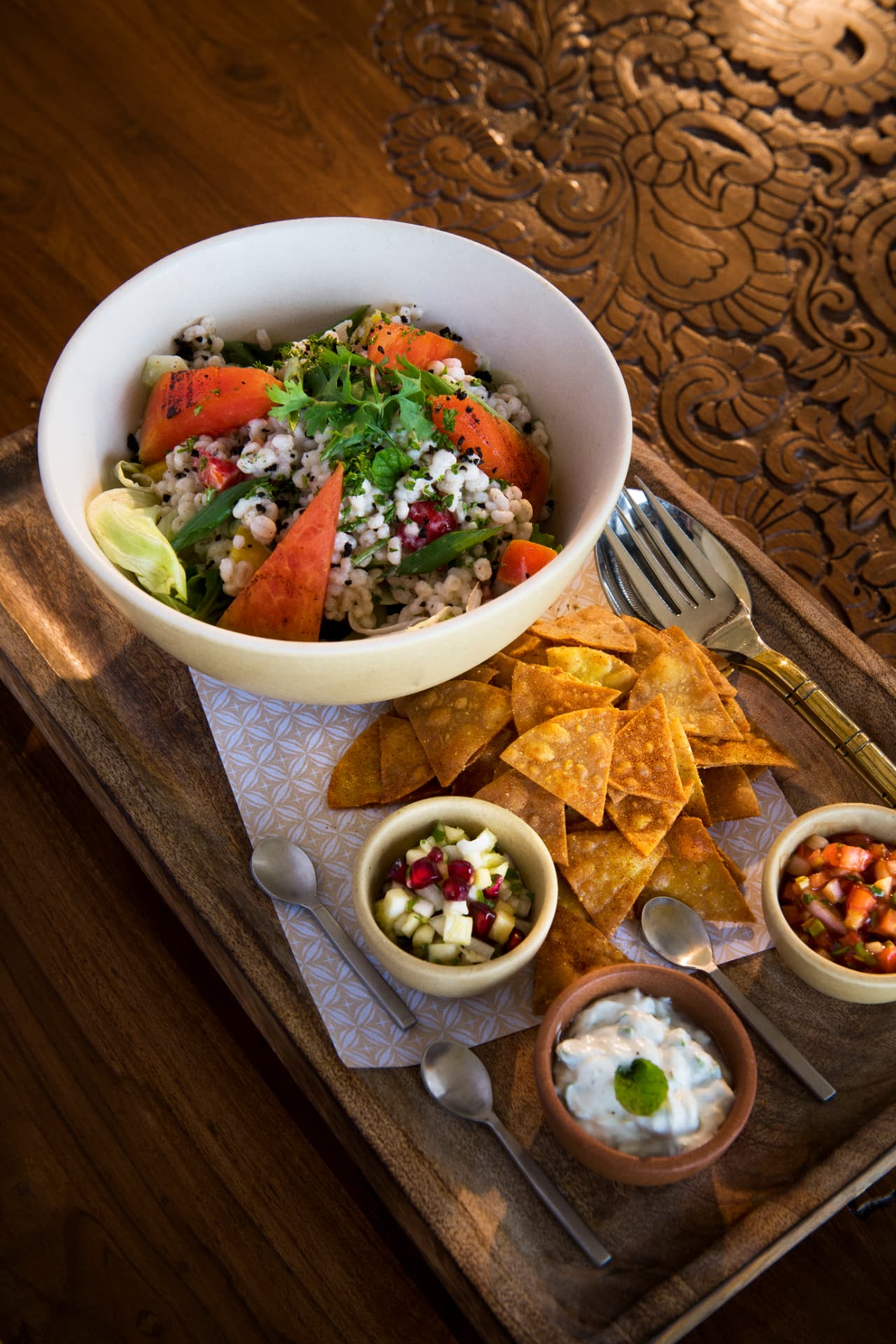 Garden barley salad with masala crisps and chutneys — Aramness Gir, Gujarat