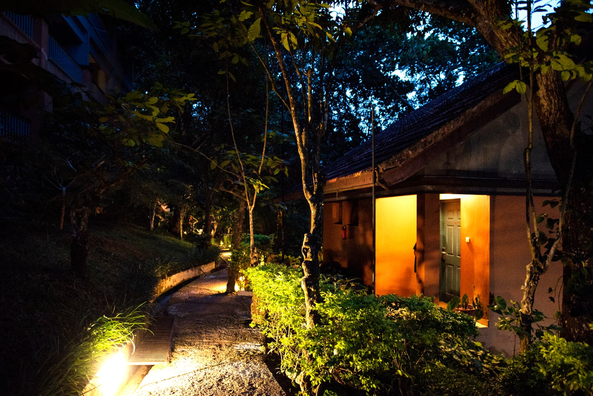 Lantern-lit cottage entrance at night – Abad Green Forest, Thekkady